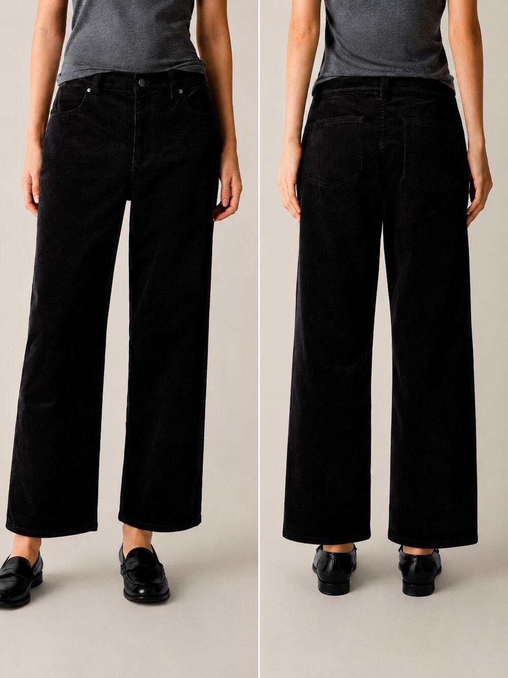 Eileen Fisher M Black Corduroy Wide Leg Pants High Rise Stretch Minimalist